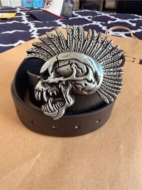 Black Leather Belt with Silver Skull Mohawk Buckle - Men’s Statement Accessory